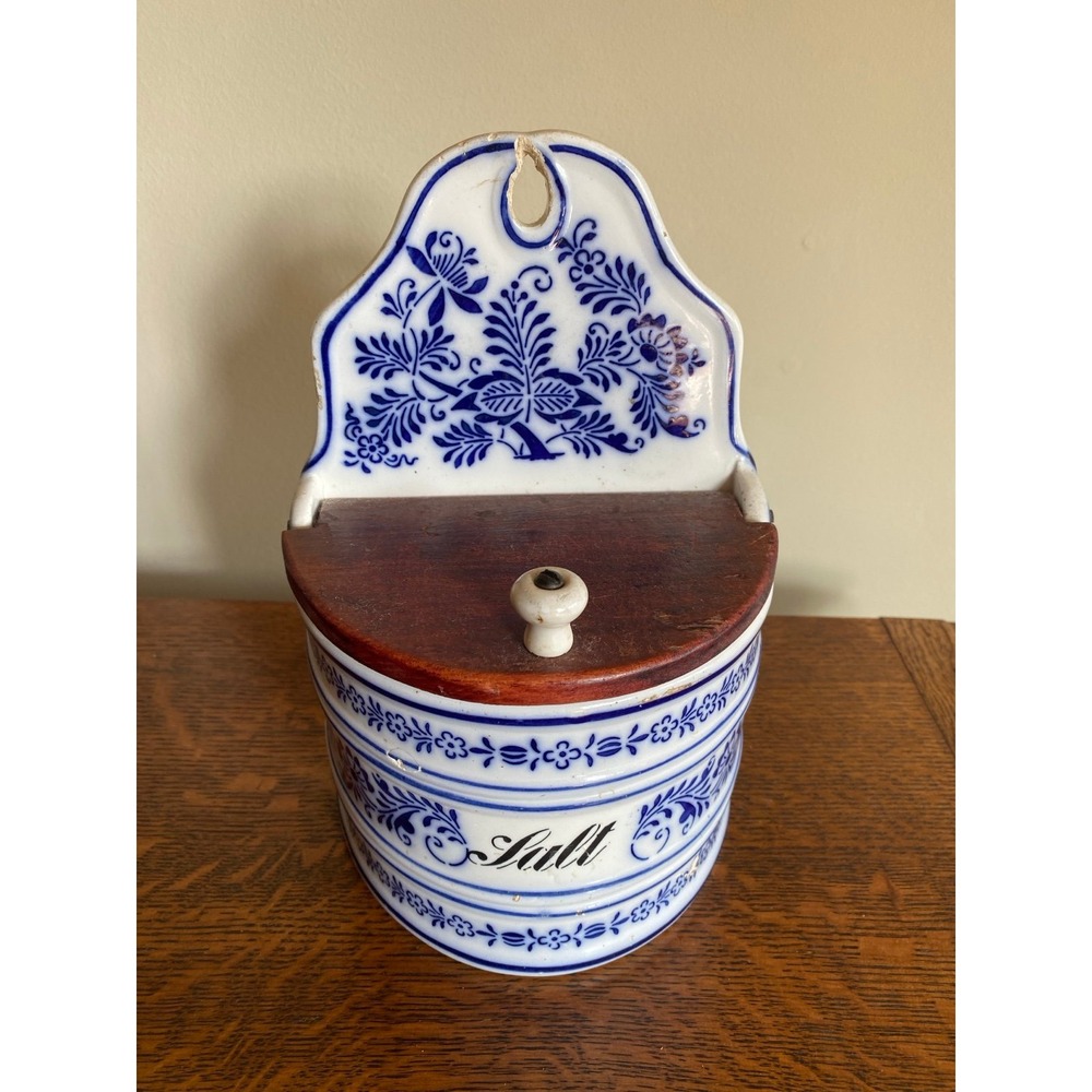 Vintage Blue White Ceramic Porcelain Wall Mount Salt Box BMT & Bro 3981 D2